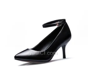 Cuir Escarpins Talon Mid Noir Classique Bride Cheville Talons Aiguilles