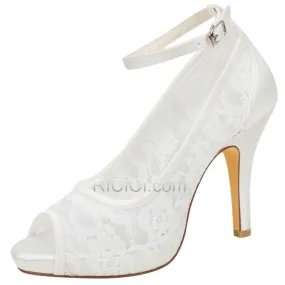 Talons Hauts Talon Aiguille Ivoire Chaussure Demoiselle D honneur Avec Bride Cheville Dentelle Chaussure De Mariée Bout Rond Élé
