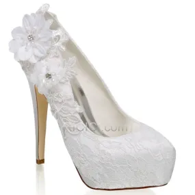 Élégant Talon Aiguille Bout Pointu Escarpins Dentelle 13 cm Talon Haut Appliques Ivoire Avec Strass Satin Chaussure Mariée